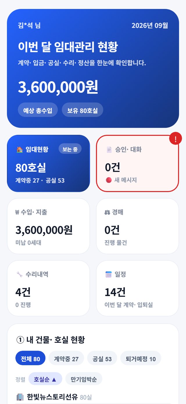임대인 앱 홈 화면. 이번 달 임대관리 현황, 임대현황, 수입·지출, 수리내역, 일정